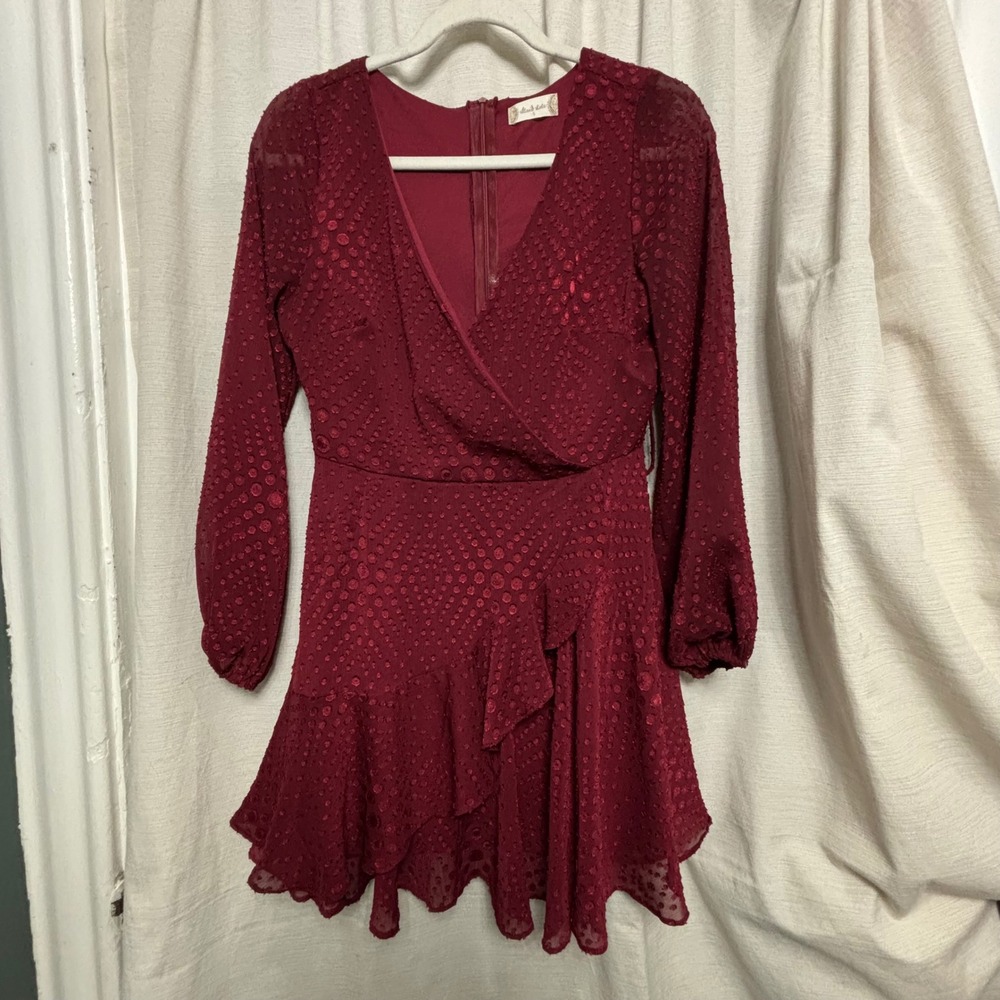 Altar'd State Burgundy Clip Dot Ruffle Mini Dress Long Sleeve V-Neck Small